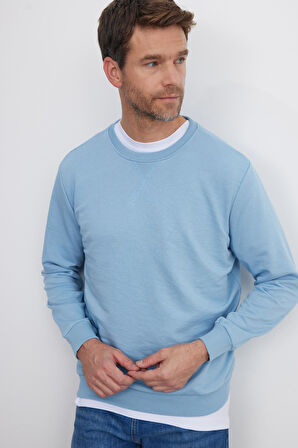 Unisex Relax Fit Rahat Kesim %100 Pamuk Basic Mavi Bisiklet Yaka Sweatshirt