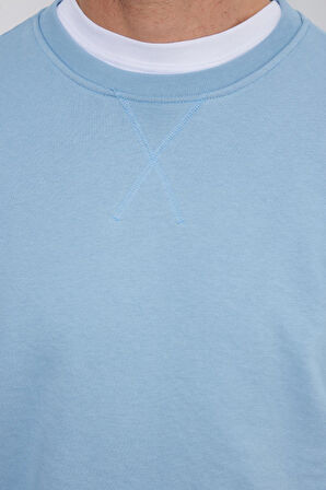 Unisex Relax Fit Rahat Kesim %100 Pamuk Basic Mavi Bisiklet Yaka Sweatshirt