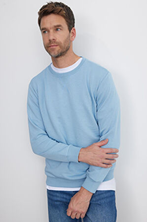 Unisex Relax Fit Rahat Kesim %100 Pamuk Basic Mavi Bisiklet Yaka Sweatshirt