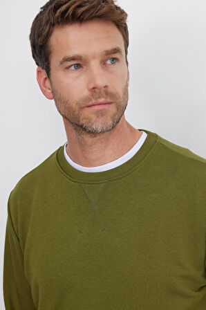 Unisex Relax Fit Rahat Kesim %100 Pamuk Basic Yeşil Bisiklet Yaka Sweatshirt