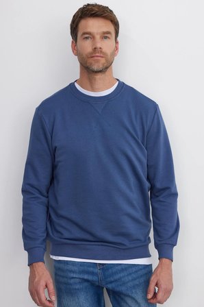 Unisex Relax Fit Rahat Kesim %100 Pamuk Basic İndigo Bisiklet Yaka Sweatshirt