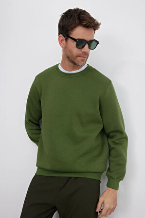 Unisex Relax Fit Rahat Kesim Pamuklu Yumuşak Dokulu İçi Polarlı Basic Yeşil Bisiklet Yaka Sweatshirt