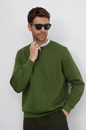 Unisex Relax Fit Rahat Kesim Pamuklu Yumuşak Dokulu İçi Polarlı Basic Yeşil Bisiklet Yaka Sweatshirt