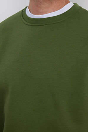 Unisex Relax Fit Rahat Kesim Pamuklu Yumuşak Dokulu İçi Polarlı Basic Yeşil Bisiklet Yaka Sweatshirt