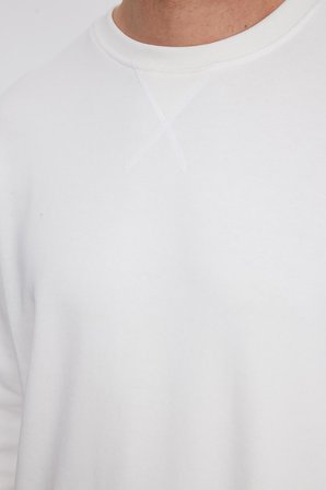 Unisex Relax Fit Rahat Kesim %100 Pamuk 3 İplik Basic Beyaz Bisiklet Yaka Sweatshirt