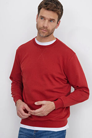 Unisex Relax Fit Rahat Kesim %100 Pamuk Basic Kiremit Bisiklet Yaka Sweatshirt