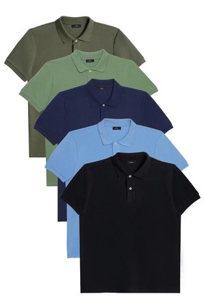 Erkek 5'li Paket Haki-Yeşil-Lacivert-Mavi-Siyah Slim Fit Dar Kesim Pamuklu Düz Polo Yaka Tişört