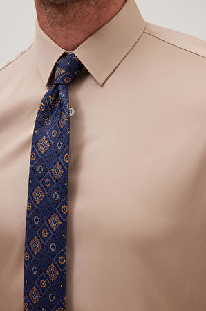 Slim Fit Bej Non-Iron %100 Pamuk Doğa Dostu Ekoteks Belgeli Ütü Gerektirmez Gömlek