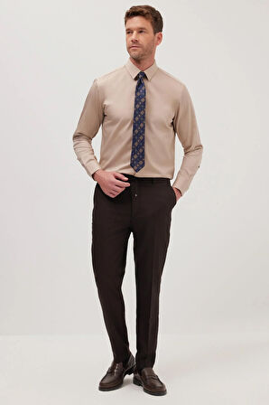Slim Fit Bej Non-Iron %100 Pamuk Doğa Dostu Ekoteks Belgeli Ütü Gerektirmez Gömlek