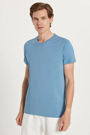 Unisex Slim Fit Dar Kesim %100 Pamuk Yumuşak Dokulu Mavi Bisiklet Yaka Tişört