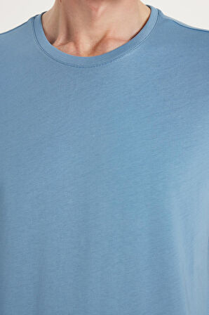 Unisex Slim Fit Dar Kesim %100 Pamuk Yumuşak Dokulu Mavi Bisiklet Yaka Tişört