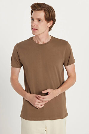 Unisex Slim Fit Dar Kesim %100 Pamuk Yumuşak Dokulu Kahverengi Bisiklet Yaka Tişört