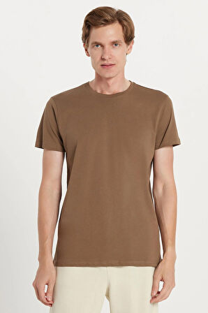 Unisex Slim Fit Dar Kesim %100 Pamuk Yumuşak Dokulu Kahverengi Bisiklet Yaka Tişört