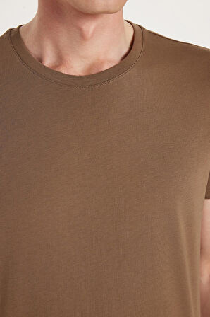 Unisex Slim Fit Dar Kesim %100 Pamuk Yumuşak Dokulu Kahverengi Bisiklet Yaka Tişört