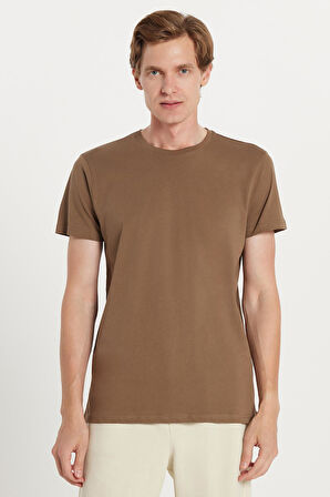 Unisex Slim Fit Dar Kesim %100 Pamuk Yumuşak Dokulu Kahverengi Bisiklet Yaka Tişört