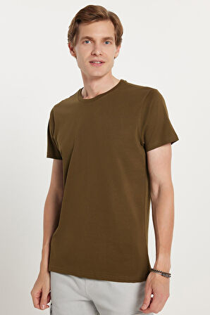 Unisex Slim Fit Dar Kesim %100 Pamuk Yumuşak Dokulu Haki Bisiklet Yaka Tişört