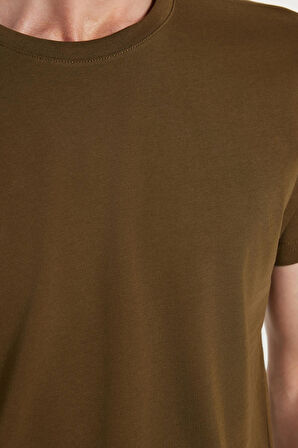 Unisex Slim Fit Dar Kesim %100 Pamuk Yumuşak Dokulu Haki Bisiklet Yaka Tişört