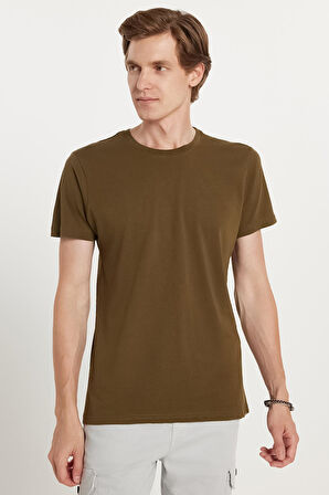 Unisex Slim Fit Dar Kesim %100 Pamuk Yumuşak Dokulu Haki Bisiklet Yaka Tişört