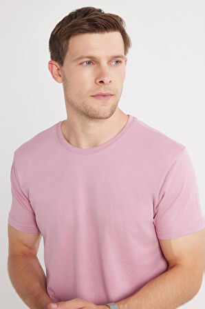 Unisex Slim Fit Dar Kesim %100 Pamuk Yumuşak Dokulu Lila Bisiklet Yaka Tişört