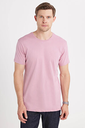 Unisex Slim Fit Dar Kesim %100 Pamuk Yumuşak Dokulu Lila Bisiklet Yaka Tişört