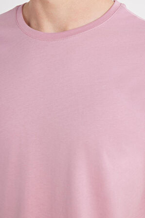 Unisex Slim Fit Dar Kesim %100 Pamuk Yumuşak Dokulu Lila Bisiklet Yaka Tişört