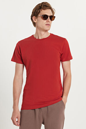 Unisex Slim Fit Dar Kesim %100 Pamuk Yumuşak Dokulu Kiremit Bisiklet Yaka Tişört