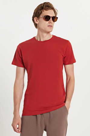 Unisex Slim Fit Dar Kesim %100 Pamuk Yumuşak Dokulu Kiremit Bisiklet Yaka Tişört