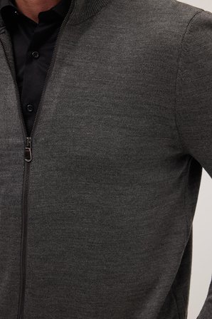 Erkek Slim Fit Dar Kesim Gri Dik Yaka Fermuarlı Düz Hırka