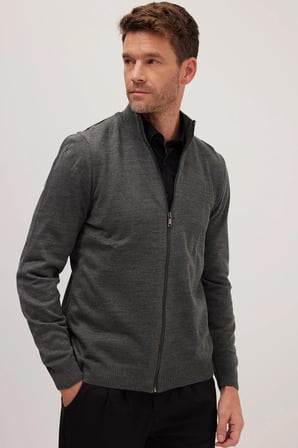 Erkek Slim Fit Dar Kesim Gri Dik Yaka Fermuarlı Düz Hırka