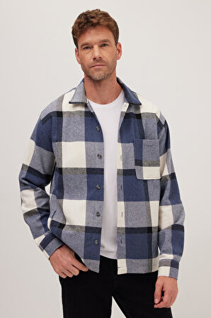 Erkek Relax Fit Rahat Kesim Spor Yaka Kareli Flotalı Cep Kışlık Gömlek