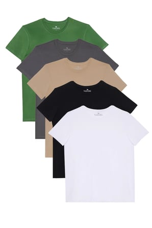 Unisex 5'li Paket Siyah-Beyaz-Füme-Vizon-Yeşil Slim Fit Dar Kesim %100 Pamuk Bisiklet Yaka Tişört