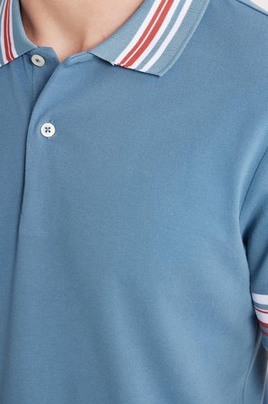 Erkek Slim Fit Dar Kesim %100 Pamuk Düz Pike Yaka ve Kol Detaylı İndigo Polo Yaka Tişört