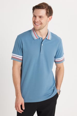 Erkek Slim Fit Dar Kesim %100 Pamuk Düz Pike Yaka ve Kol Detaylı İndigo Polo Yaka Tişört