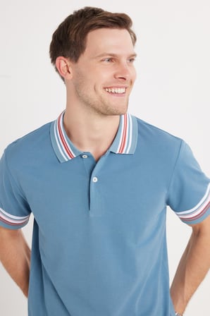 Erkek Slim Fit Dar Kesim %100 Pamuk Düz Pike Yaka ve Kol Detaylı İndigo Polo Yaka Tişört