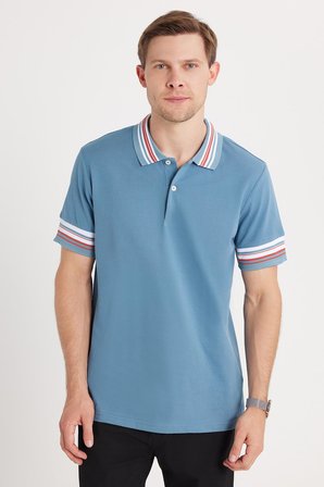 Erkek Slim Fit Dar Kesim %100 Pamuk Düz Pike Yaka ve Kol Detaylı İndigo Polo Yaka Tişört