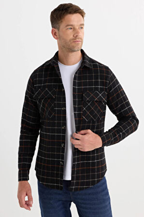 Erkek Slim Fit Dar Kesim Spor Yaka Çift Cep Kapaklı Kareli Gömlek