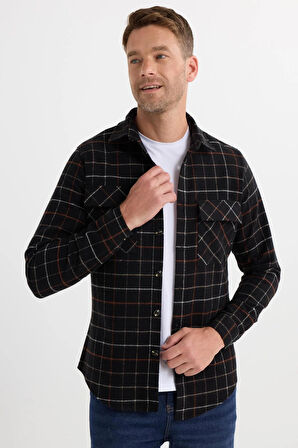 Erkek Slim Fit Dar Kesim Spor Yaka Çift Cep Kapaklı Kareli Gömlek