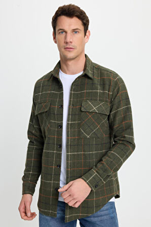 Erkek Slim Fit Dar Kesim Spor Yaka Çift Cep Kapaklı Kareli Gömlek