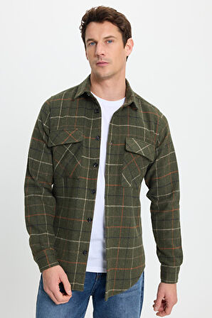 Erkek Slim Fit Dar Kesim Spor Yaka Çift Cep Kapaklı Kareli Gömlek