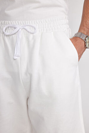 Relax Fit Rahat Kesim %100 Pamuk Özel Tasarım Erkek Ekru Şortlu Eşofman Takım