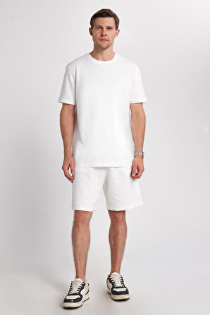 Relax Fit Rahat Kesim %100 Pamuk Özel Tasarım Erkek Ekru Şortlu Eşofman Takım