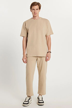 Erkek Standart Fit Normal Kesim Pamuklu Bisiklet Yaka Beli Bağcıklı Ekru Eşofman Takımı