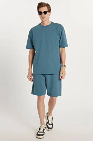 Erkek Standart Fit Normal Kesim Pamuklu Bisiklet Yaka Beli Bağcıklı İndigo Şort Takım