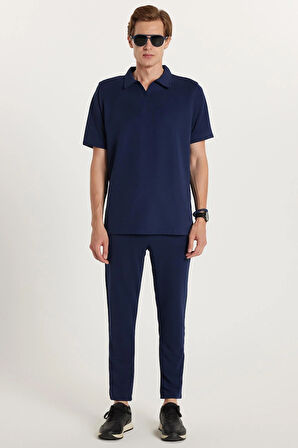Erkek Standart Fit Normal Kesim Polo Yaka Pamuklu Düz Paça Lacivert Eşofman Takımı