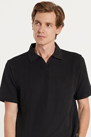 Erkek Standart Fit Normal Kesim Pamuklu Polo Yaka Beli Bağcıklı Siyah Şort Takım