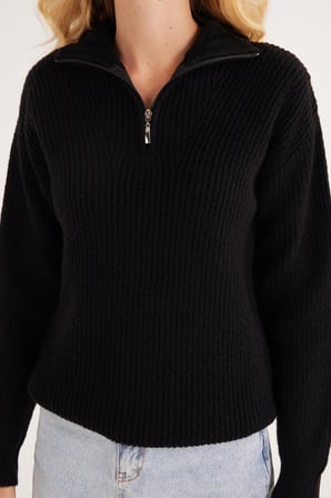 Kadın Oversize Geniş Kesim Dokumalı Fermuarlı Yaka Siyah Kazak