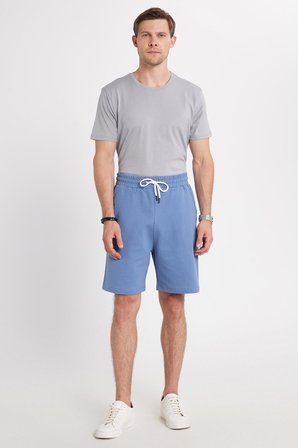 Erkek Relax Fit Rahat Kesim %100 Pamuk Beli Bağcıklı Mavi Şort