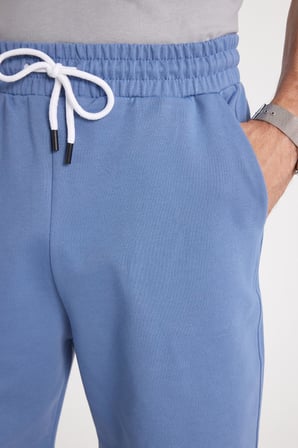 Erkek Relax Fit Rahat Kesim %100 Pamuk Beli Bağcıklı Mavi Şort