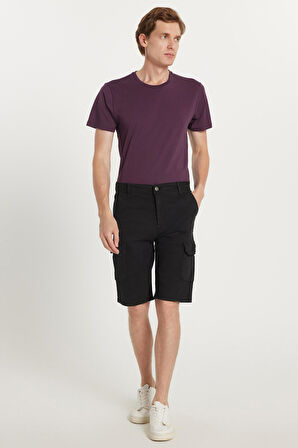 Erkek Relax Fit Rahat Kesim %100 Pamuk Kargo Cep Siyah Kapri Şort