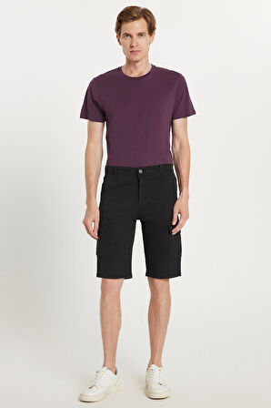 Erkek Relax Fit Rahat Kesim %100 Pamuk Kargo Cep Siyah Kapri Şort